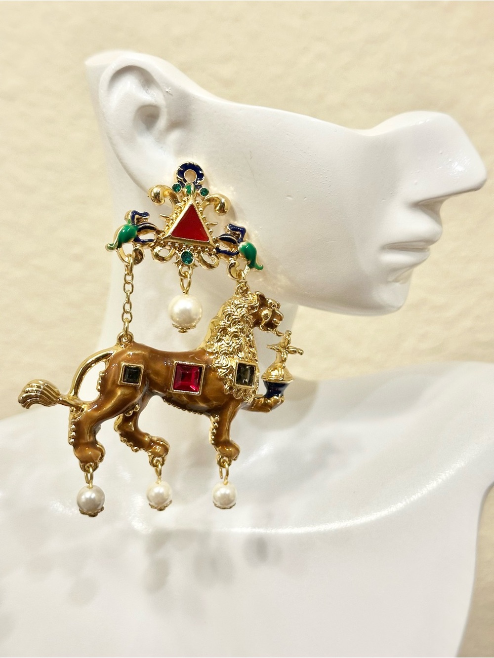 Chunky Gold Lion Statement Drop Earring with Red and Green Accents (Light Brown)